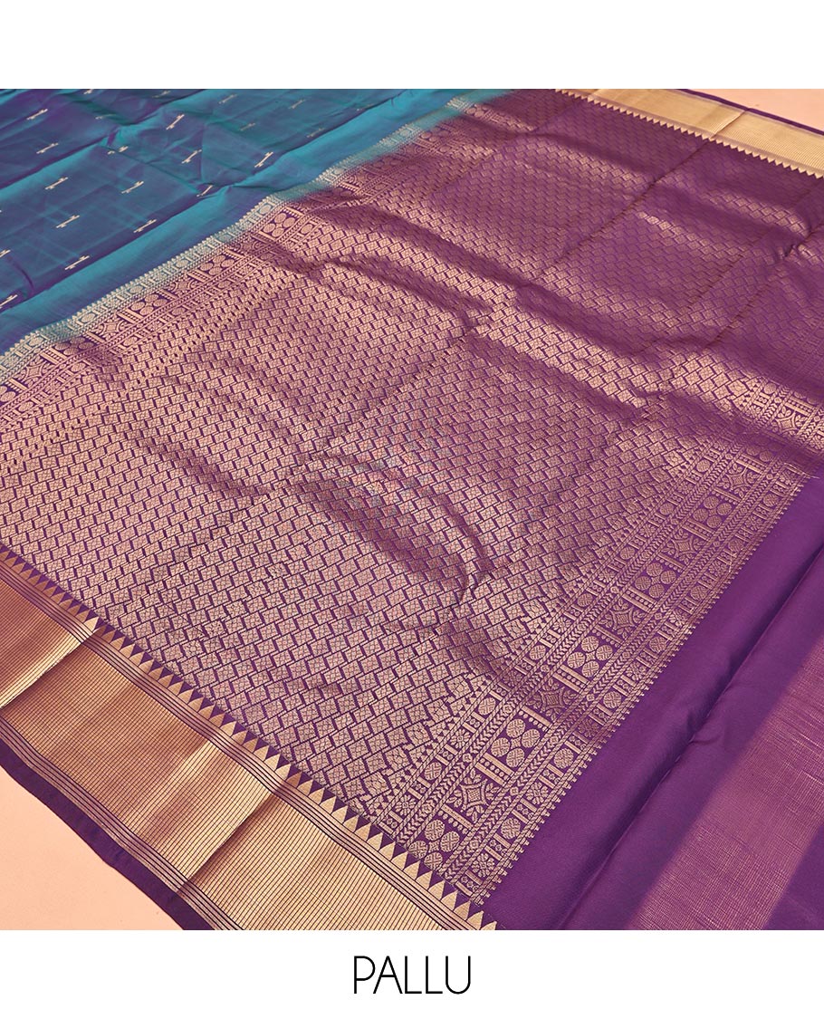 Blue Vasundhara Lite Silk Mix Saree, Sparsely Woven with Zari Buttas All Over Its Body, Complemented by a Contrast Temple Border, Grandly Decked Up Pallu, and Paired with a Contrast Blouse