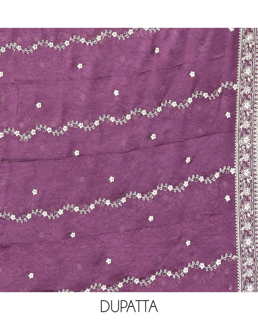 Dark purple Vichitra crush material chudidar set, thread & bead floral embroidery top, plain santoon bottom & floral thread embroidery dupatta