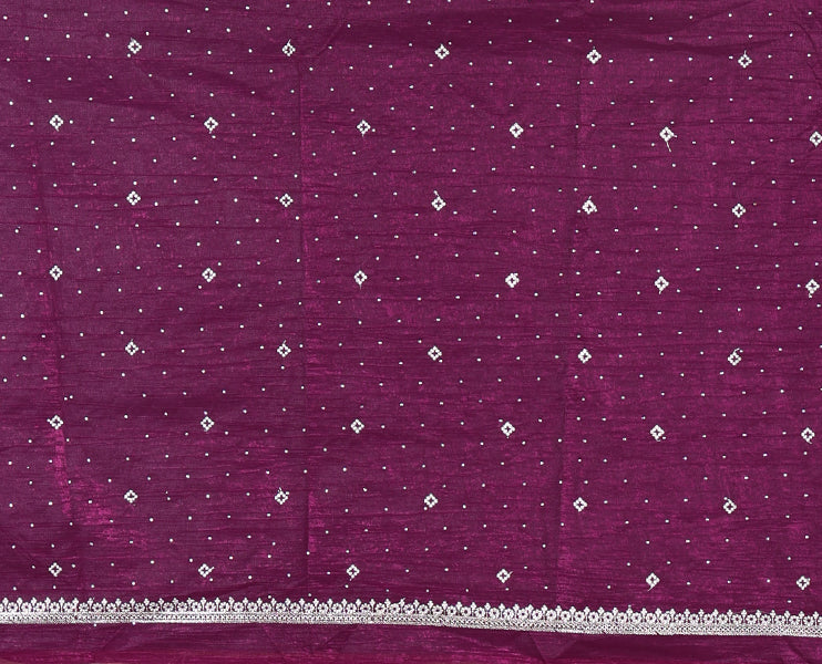 Purple half-saree, floral motifs embroidered semi raw silk top, matching embroidered blouse, and contrast scallop embroidered georgette dhavani