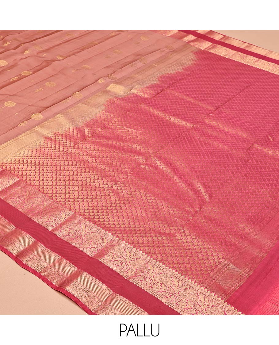 Rosewood Pink Vasundhara Lite Silk Mix Saree, Mesmerized with Zari Buttas, a Contrast Rettai Pettu Border of Rekku, Muthu, Lavangam, Poun, and Kodi Visiry Designs, Grand Pallu, and a Contrast Blouse