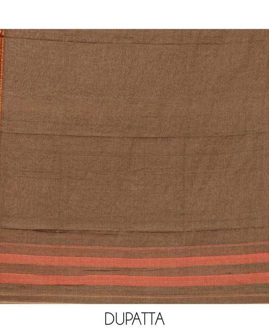 Walnut brown mercerized cotton material chudidar set,plain contrast traditional rudraksham border top,matching bottom & 2-sided rudraksham border dupatta