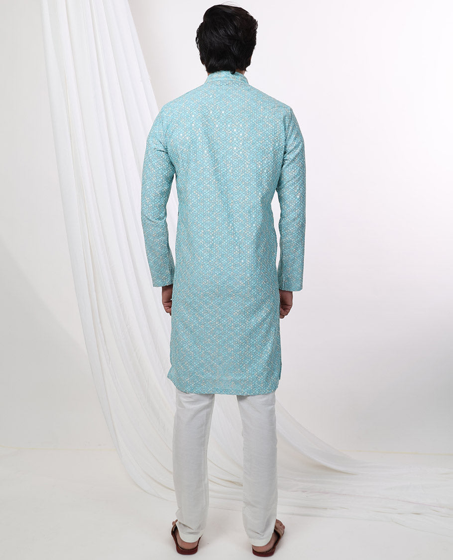 Light blue geometric embroidery with sequins work mandarin collar & full-sleeve long raw silk kurta