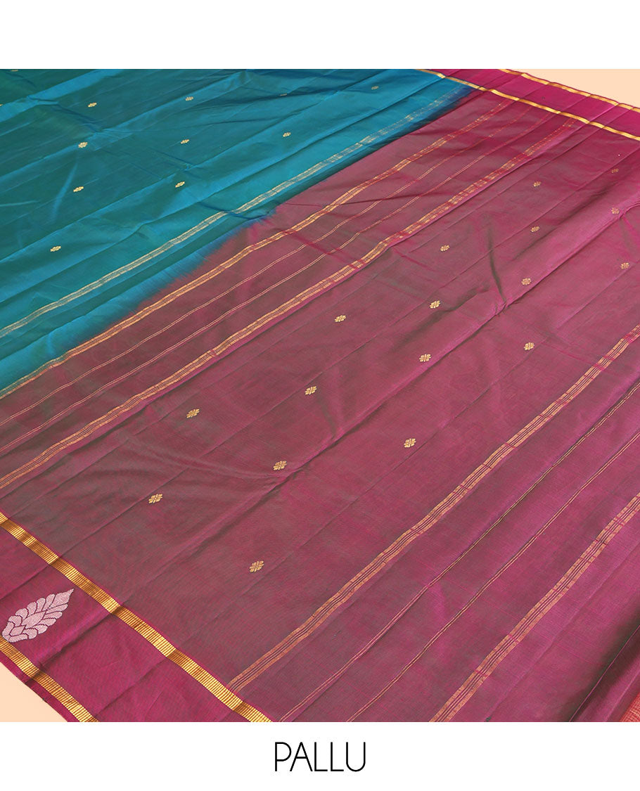 Blue Kanchipuram Silk Saree, Woven with Zari Buttas, a Contrast Traditional Zari Border, Zari Design Pallu, and a Contrast Blouse
