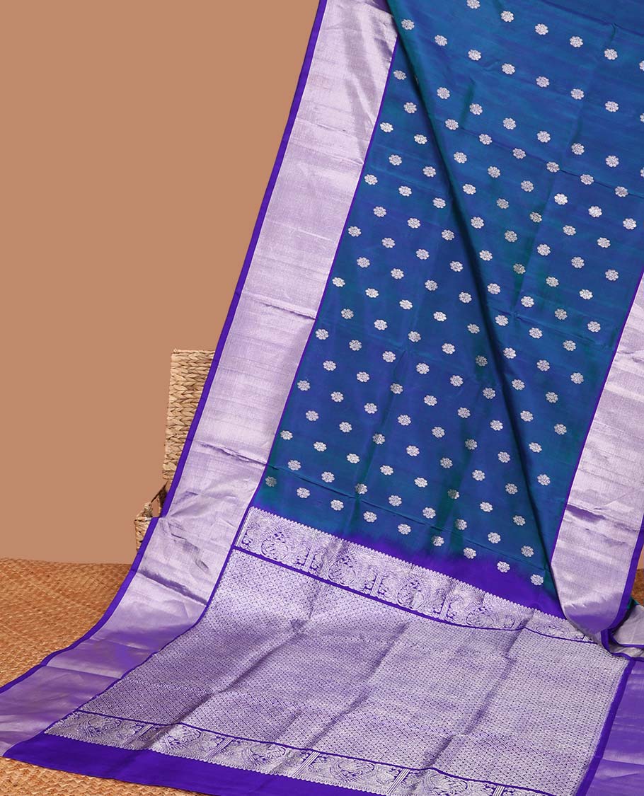 Blue flower motifs vengatagiri pure silk saree , contrast bavanji border & pallu of argyle pattern