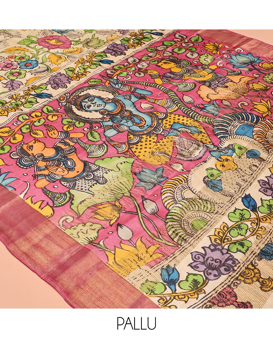 Sandal Floral Vine Pen Kalamkari Silk Saree, a Contrast Border, God Figurines Pallu, Contrast Blouse