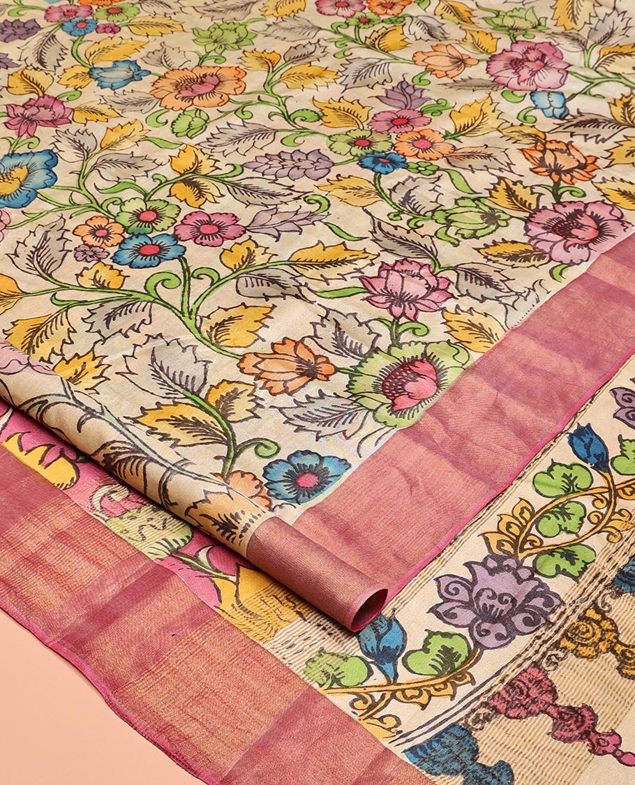 Sandal Floral Vine Pen Kalamkari Silk Saree, a Contrast Border, God Figurines Pallu, Contrast Blouse
