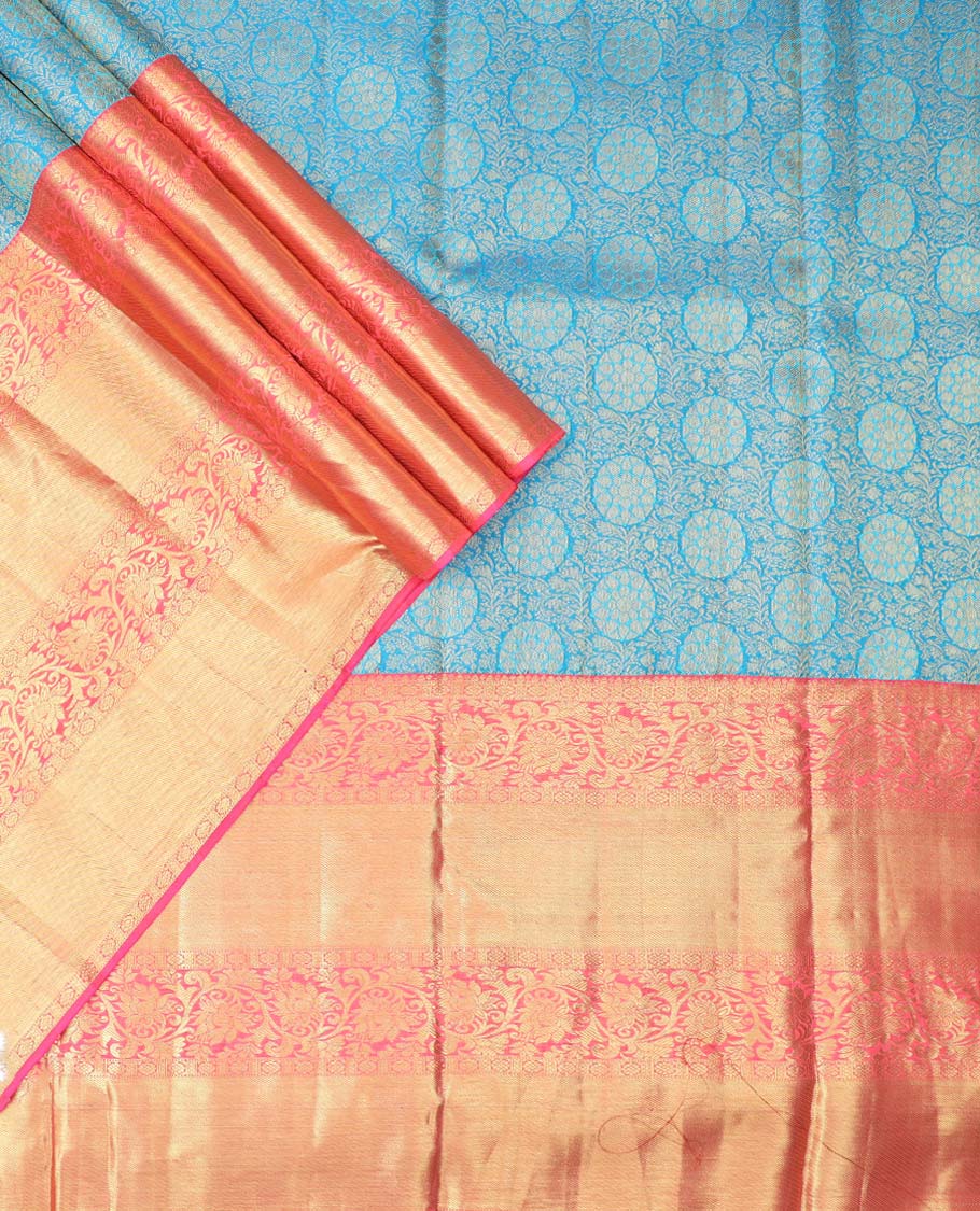 Blue round floral buttas pure silk half saree with contrast zari border,  contrast zari design blouse & plain with zari border dhavani