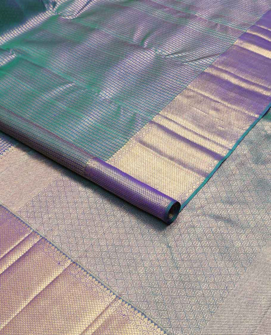 Blue geometric design silk saree with self border of thilakam mokku, mayil kann design & zari design pallu