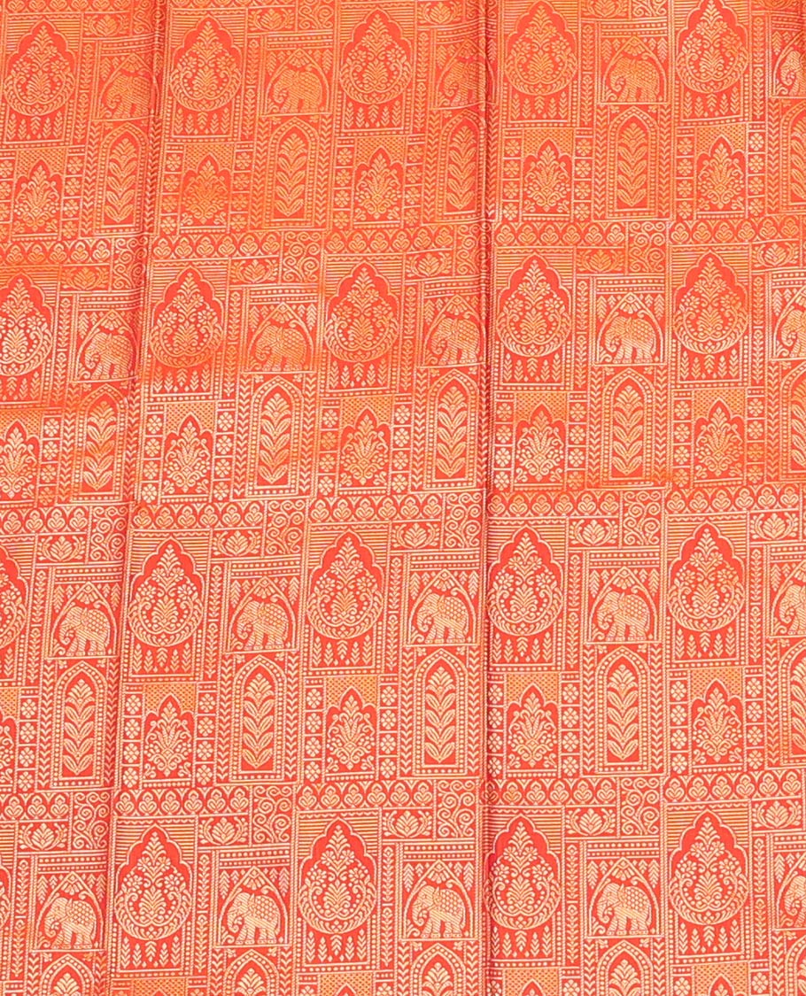 Orange Art Silk Material Half Saree Set, Accentuated with Jacquard Skirt, a Contrast Traditional Zari Design Border, Contrast Blouse, and Zari Designs Dhavani