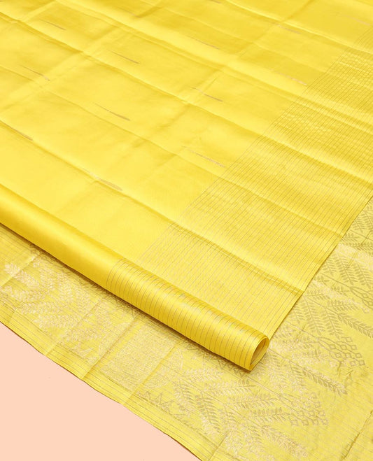 Yellow Mayuri Soft Silk Saree, Sparsely Sparkled with Malli Mokku Buttas All Over Its Body, Highlighted by Zari Striped Border, Pallu of Intricate Designs, and Paired with a Matching Blouse