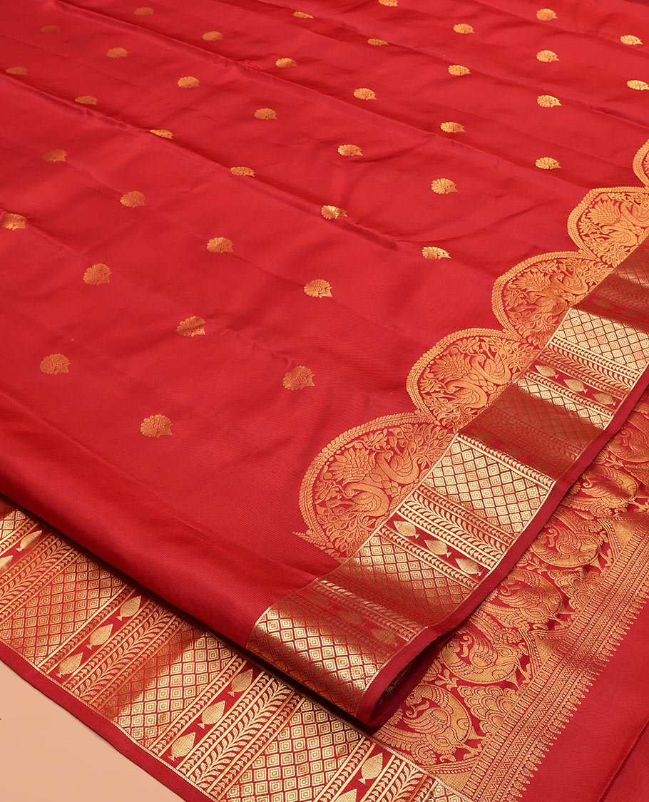 Red Vasundhara Silk Saree, Elevated with Zari Buttas, Scallop Traditional Zari Border, Jaal Pallu, and a Matching Blouse