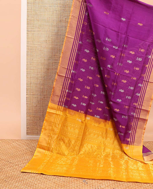 Purple floral motifs uppda saree with contrast zari border & florald design pallu
