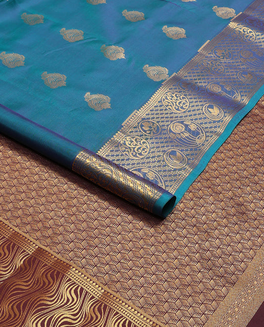 Blue floral motifs vasundhara elite silk saree with contrast floral design border & geometric design pallu
