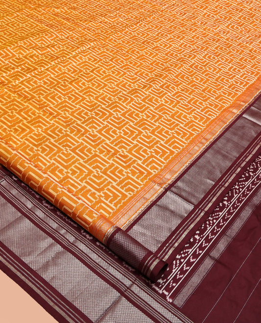 Yellow Pochampally Ikat Silk Saree, Decorated with Ikat Geometric Designs on Its Body, Complemented by a Contrast Zari Peacock-Eye Border, Ikkat Weave Pallu, and Paired with a Contrast Blouse