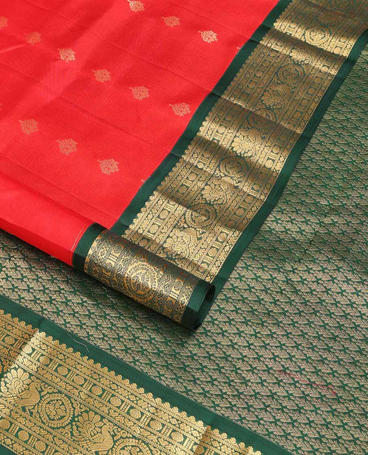 Red floral buttas silk saree with contrast border of thilakam mokku, banaras, paun, mayil design & jaal design pallu