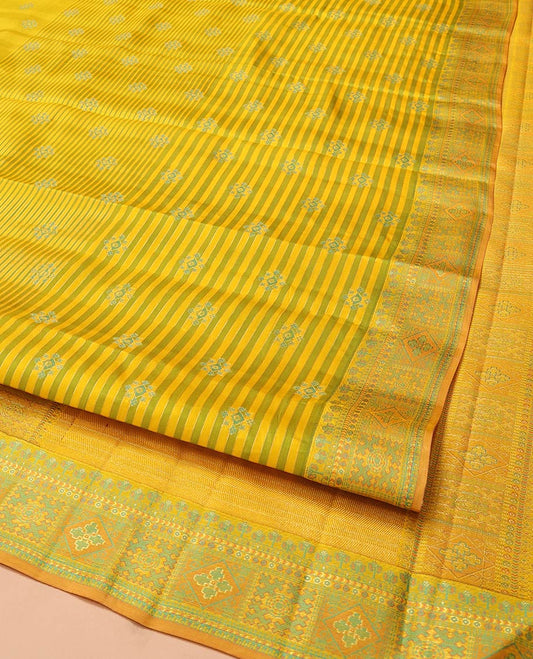 Yellow Kanchipuram Designer Silk Saree, Beautifully Bedecked with Stripes and Unique Buttas All Over Its Body, Meenakari-Style, Uniquely Patterned Border, Pallu of Vanki Designs, and Paired with a Matching Blouse