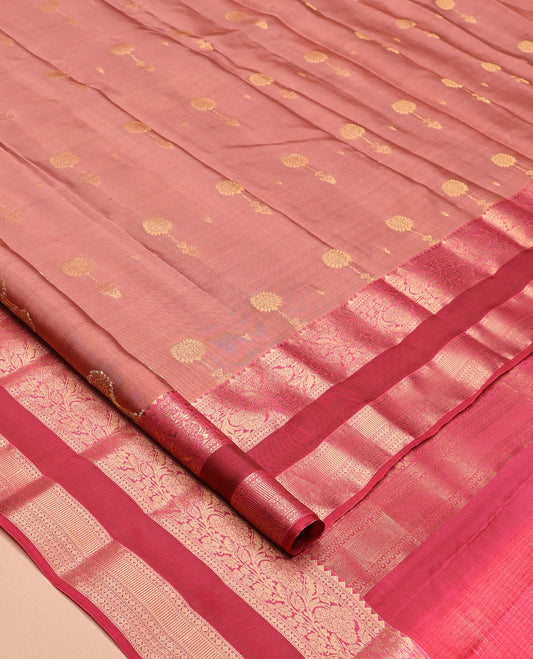 Rosewood Pink Vasundhara Lite Silk Mix Saree, Mesmerized with Zari Buttas, a Contrast Rettai Pettu Border of Rekku, Muthu, Lavangam, Poun, and Kodi Visiry Designs, Grand Pallu, and a Contrast Blouse