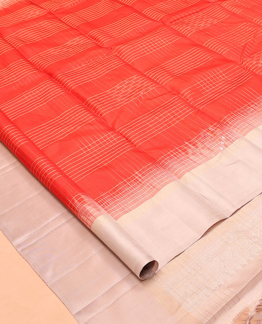 Orange Checked Kanchipuram Silk Saree, a Contrast Border, Sparsely Woven Pallu, and a Contrast Blouse