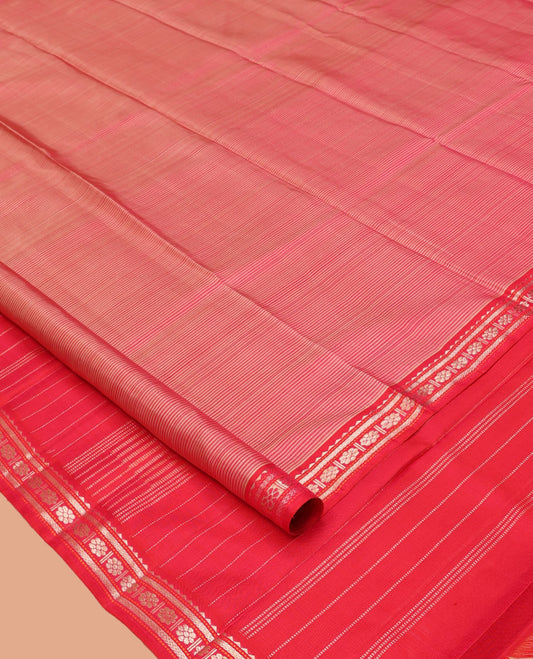 Pink Striped Kanchipuram Silk Saree, Complemented by a Contrast Border of Rekku, Vanki, and Kamalam Designs, Zari Muthu Striped Pallu, and Paired with a Contrast Blouse