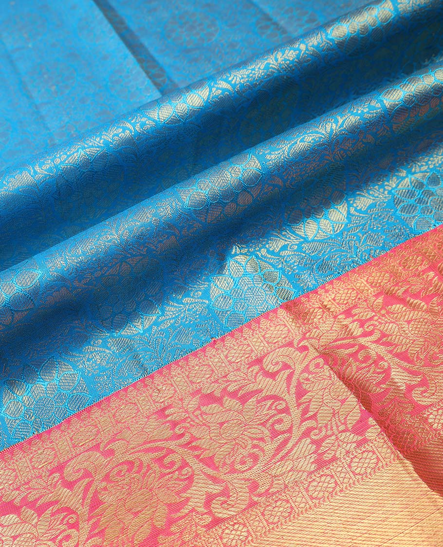 Blue round floral buttas pure silk half saree with contrast zari border,  contrast zari design blouse & plain with zari border dhavani