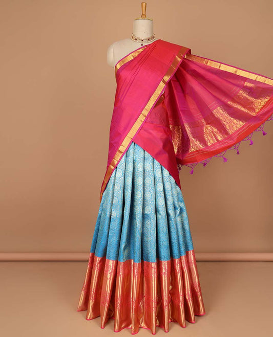 Blue round floral buttas pure silk half saree with contrast zari border,  contrast zari design blouse & plain with zari border dhavani