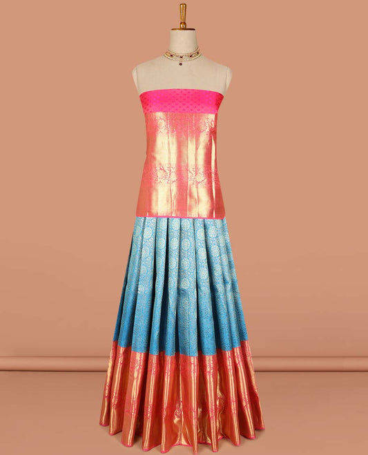 Blue round floral buttas pure silk half saree with contrast zari border,  contrast zari design blouse & plain with zari border dhavani