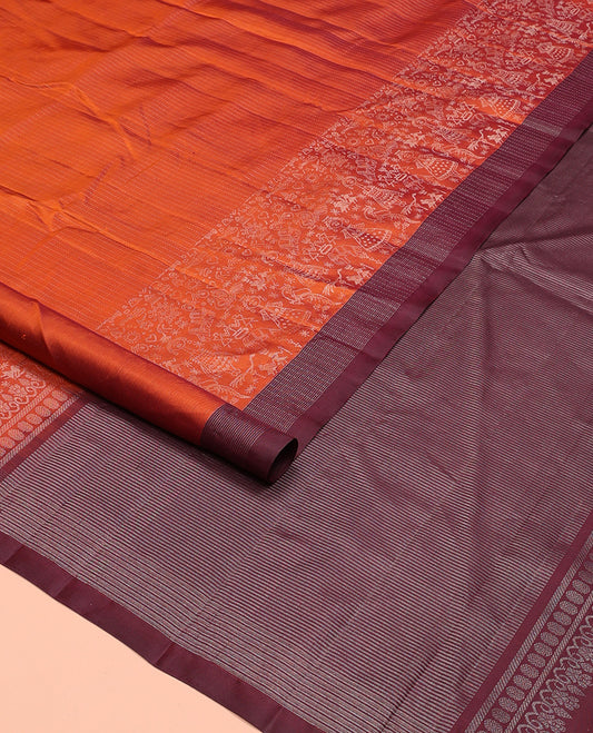 Orange muthu striped and warli village theme woven Kanchipuram silk saree, contrast checked border, and striped pallu