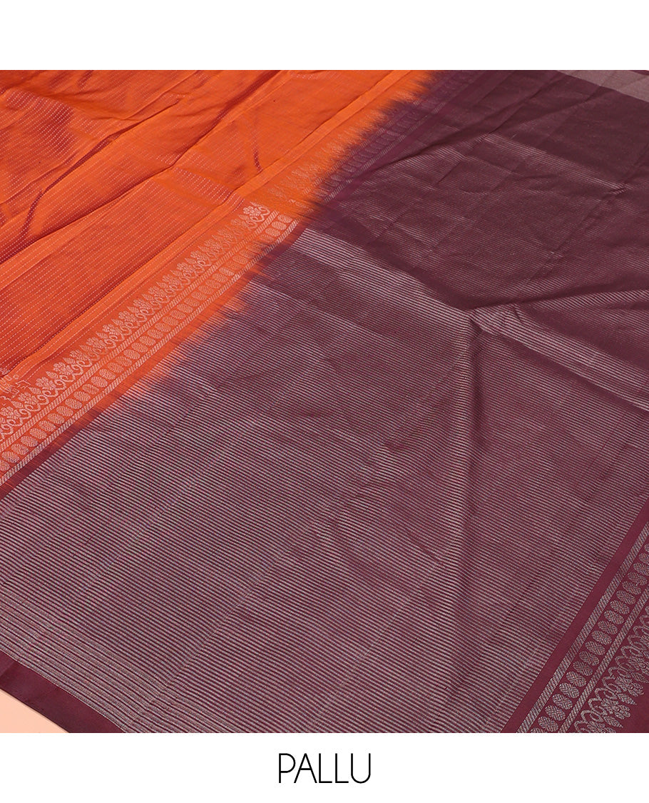 Orange muthu striped and warli village theme woven Kanchipuram silk saree, contrast checked border, and striped pallu