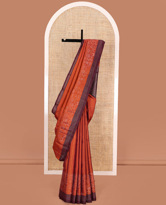 Orange muthu striped and warli village theme woven Kanchipuram silk saree, contrast checked border, and striped pallu