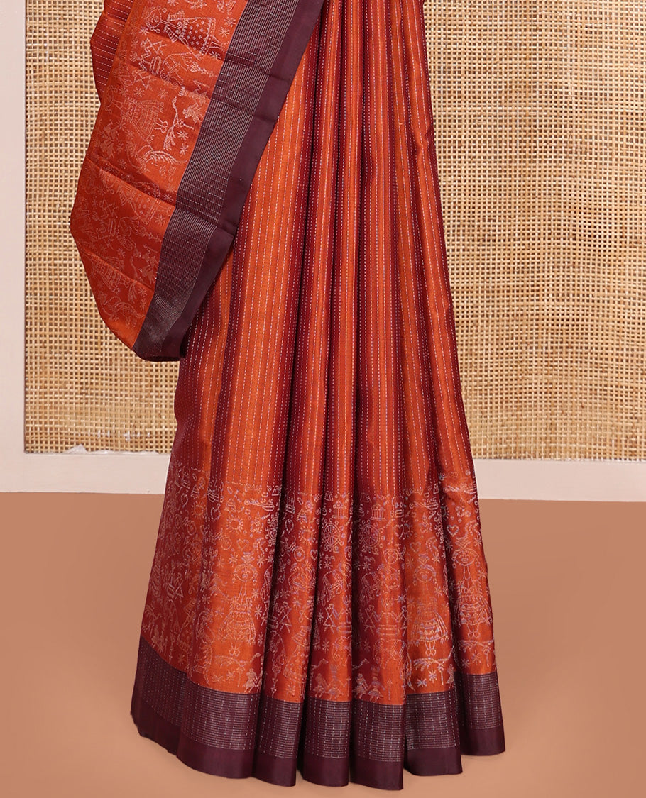 Orange muthu striped and warli village theme woven Kanchipuram silk saree, contrast checked border, and striped pallu