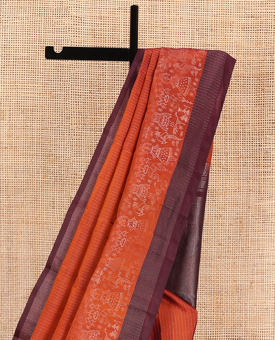 Orange muthu striped and warli village theme woven Kanchipuram silk saree, contrast checked border, and striped pallu