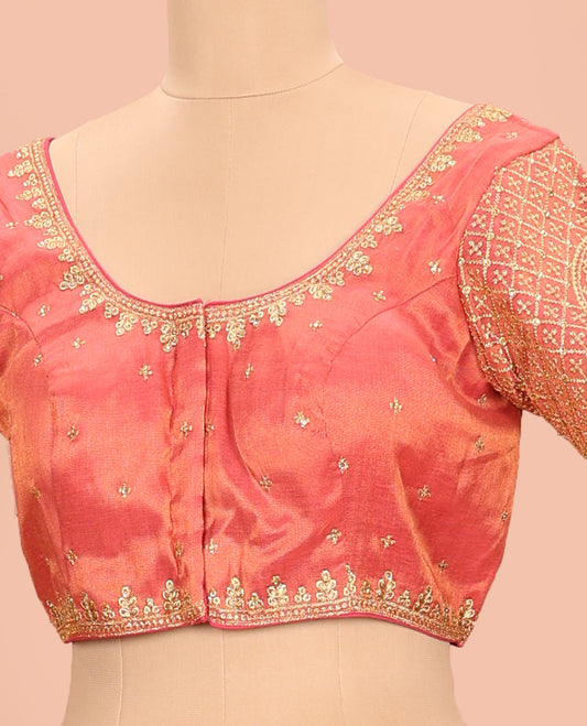 Peach embroidered round neck with elbow sleeve raw-silk blouse