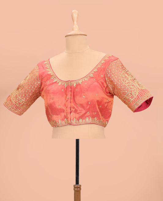 Peach embroidered round neck with elbow sleeve raw-silk blouse