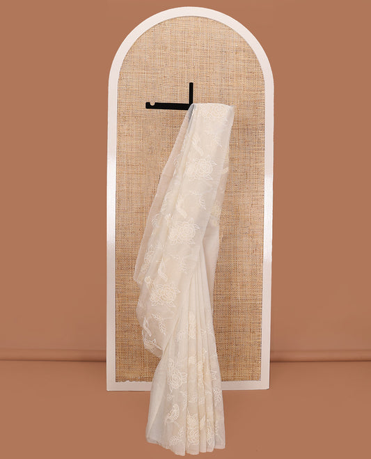 Borderless cream floral vine and bird motifs thread embroidered tissue saree, floral vine thread embroidered pallu