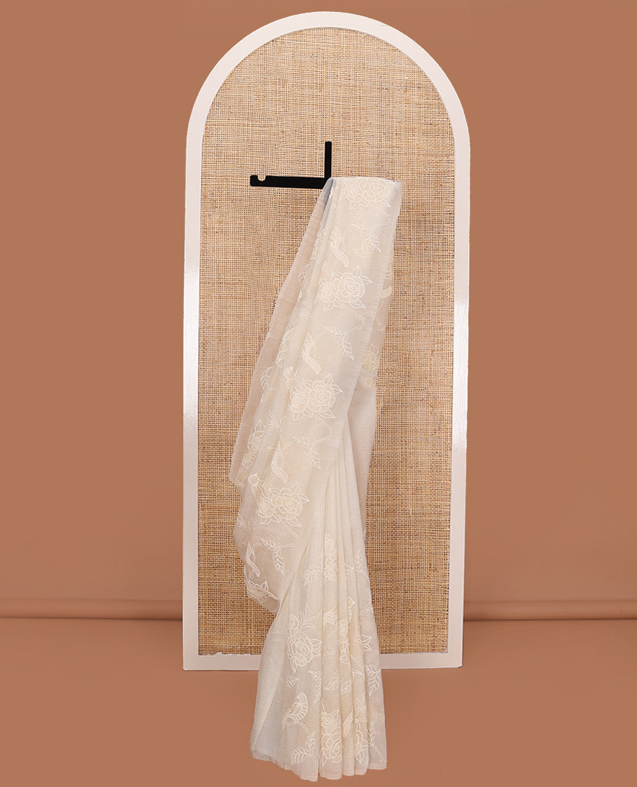 Borderless cream floral vine and bird motifs thread embroidered tissue saree, floral vine thread embroidered pallu