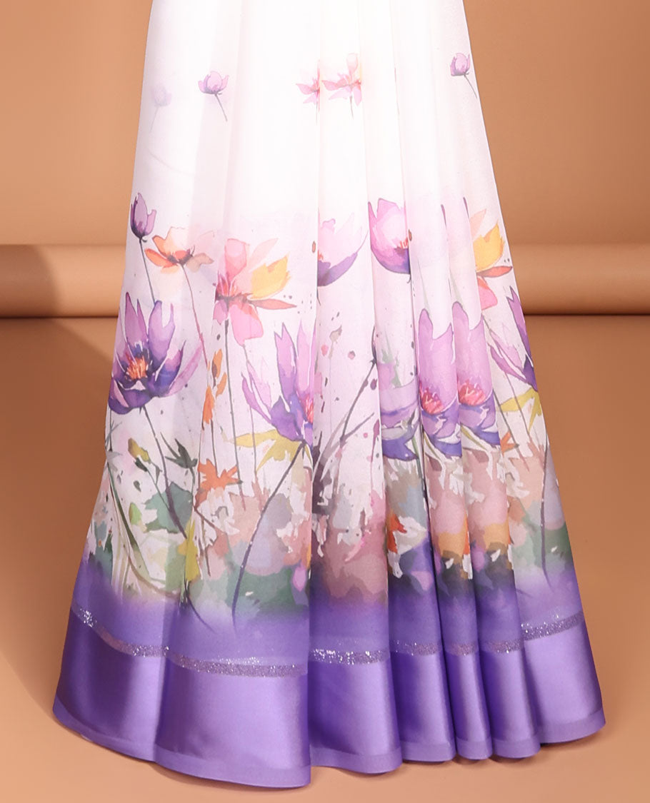 White digital floral design moss chiffon saree with contrast lavender zari border & floral design pallu