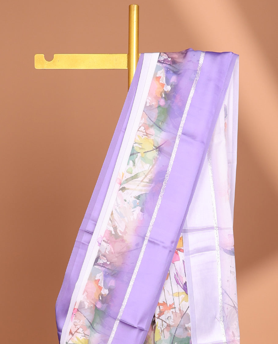 White digital floral design moss chiffon saree with contrast lavender zari border & floral design pallu