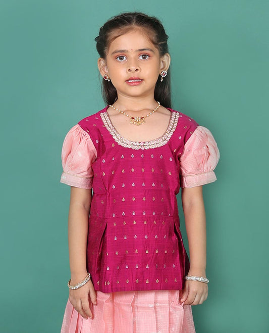 Pink art silk readymade pavadai set, buttas with thread floral embroidery skirt with contrast neck embroidered puff-sleeve blouse