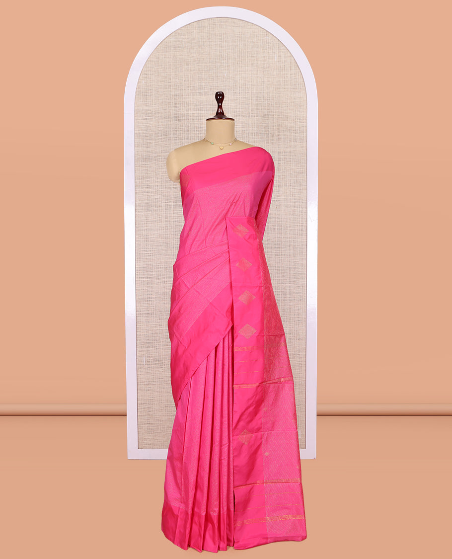 Pink Arani Saree, Features Zari Stripes, a Zari Motif Border, Pallu of Zari Design, and a Matching Blouse