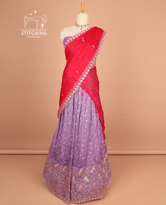 Lavender floral vine thread embroidery half saree with self floral embroidery border , floral motifs blouse & floral embroidery scallop border dhavani