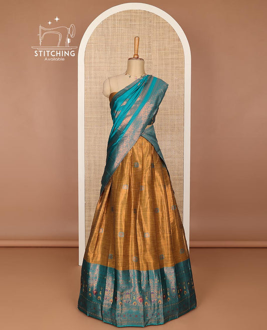 Brown floral buttas half saree with contrast intricate zari design border, zari design blouse & floral zari design dhavani