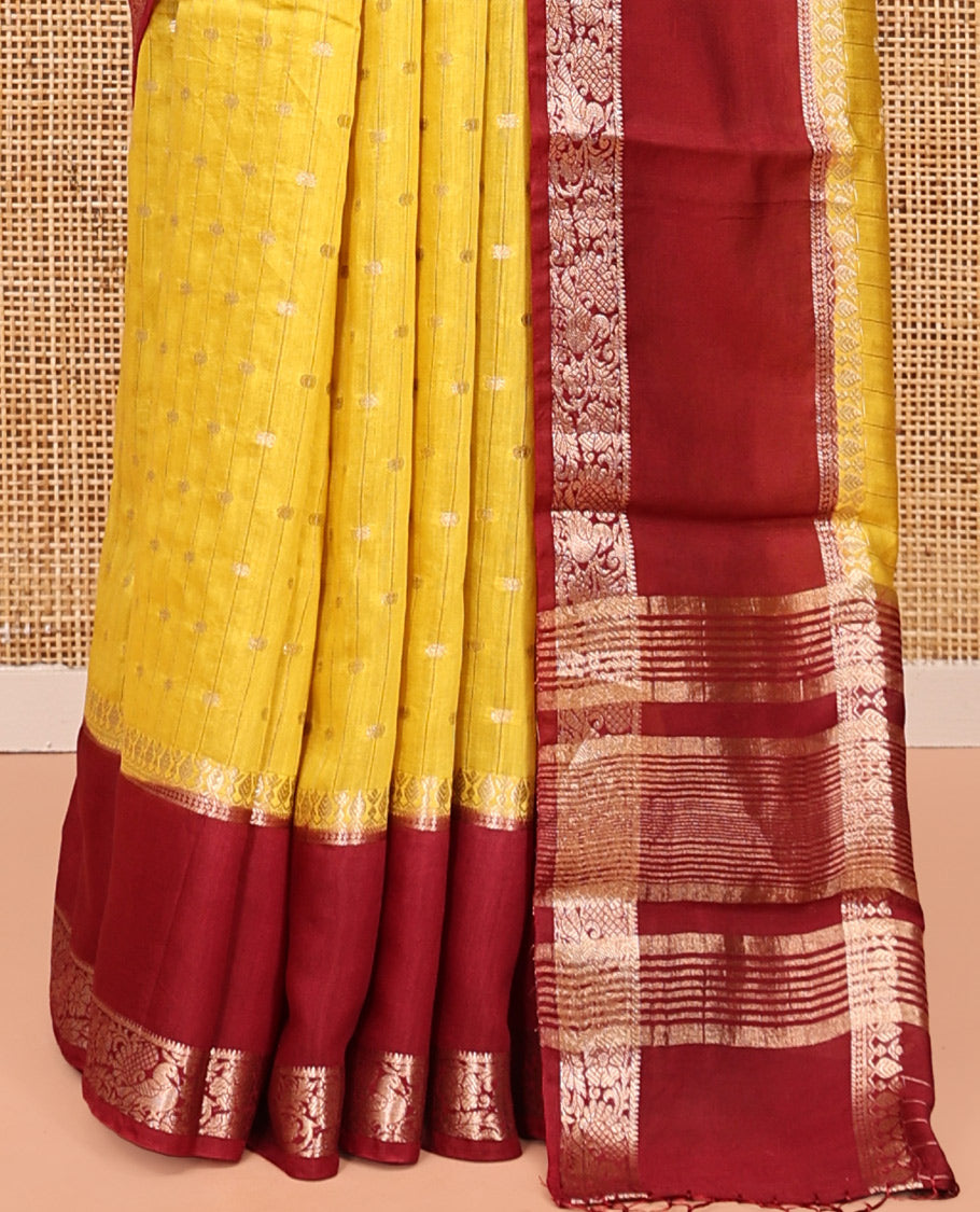 Yellow Assam Silk Saree, Finely Crafted with Zari Buttas, Complemented by Contrast Floral Creeper Zari Border, Striped Pallu, and Contrast Blouse