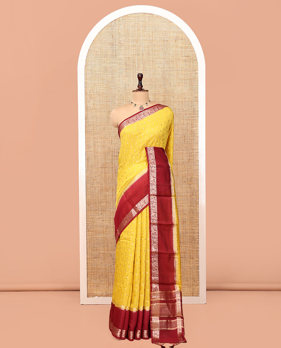 Yellow Assam Silk Saree, Finely Crafted with Zari Buttas, Complemented by Contrast Floral Creeper Zari Border, Striped Pallu, and Contrast Blouse