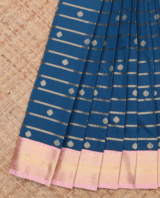 Blue Budget Silk Saree Showcasing Zari Buttas and Stripes, a Contrast Traditional Zari Border, Grand Pallu, and a Contrast Blouse