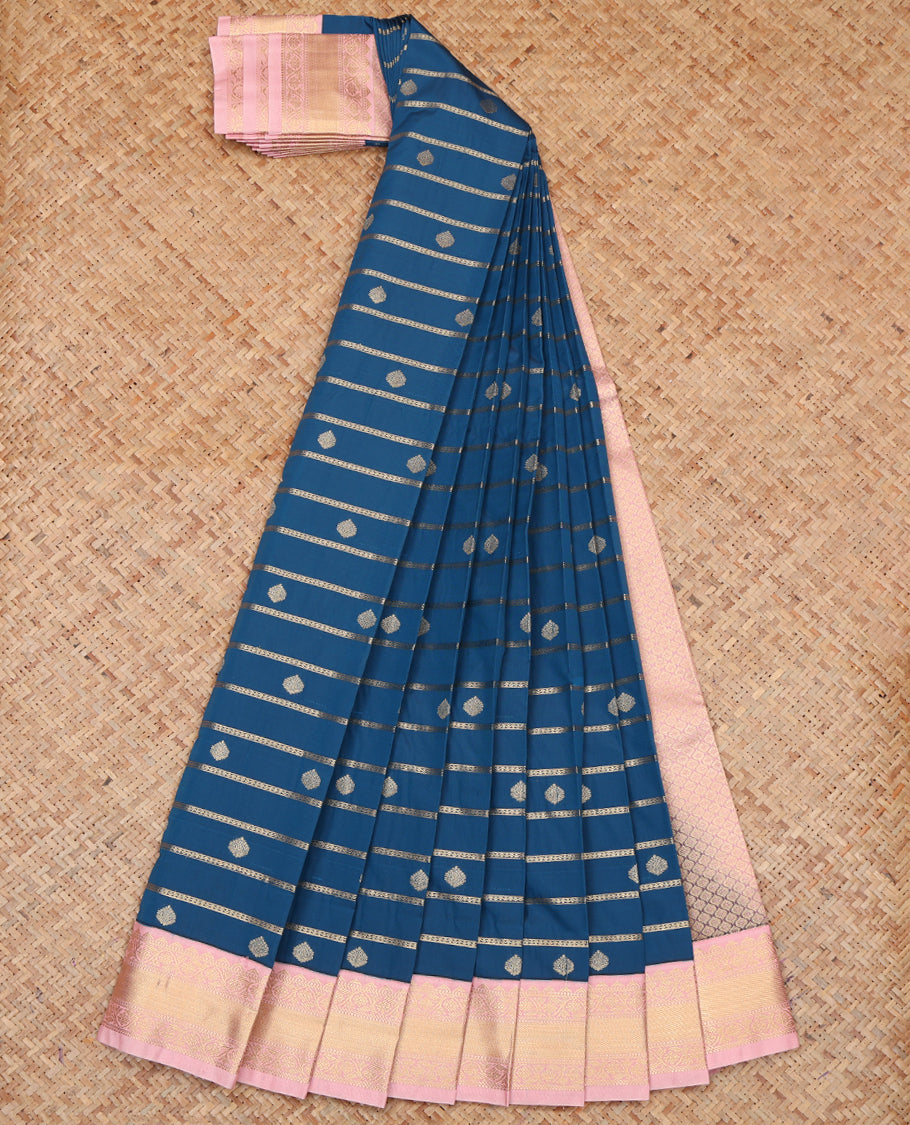 Blue Budget Silk Saree Showcasing Zari Buttas and Stripes, a Contrast Traditional Zari Border, Grand Pallu, and a Contrast Blouse