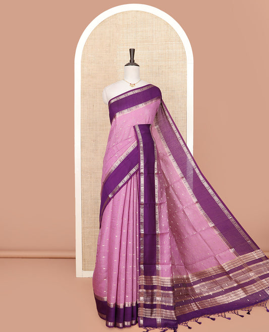Pink Assam Silk Saree Mesmerized with Zari Buttas and Stripes, Complemented by a Contrast Traditional Zari  Design Border, a Captivating Pallu Featuring Zari Designs, and Paired with a Contrast Blouse