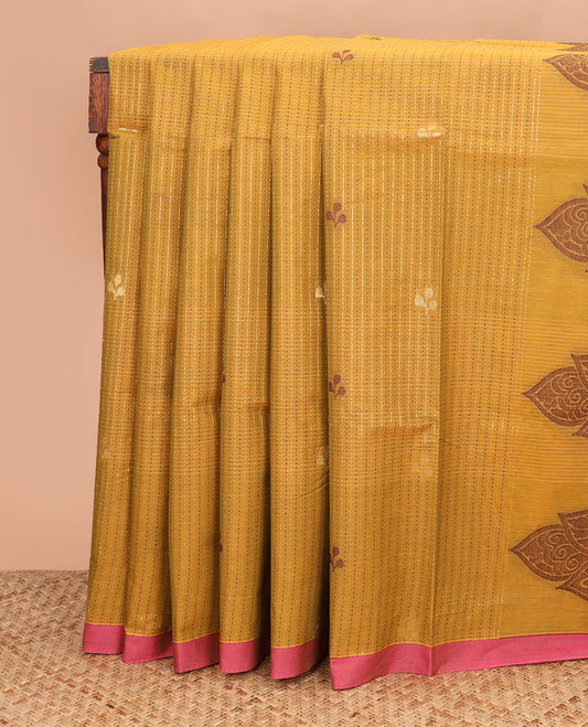 Mustard striped and leaf motifs coimbatore cotton saree, contrast plain border and of intricate motifs