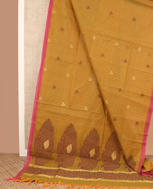 Mustard striped and leaf motifs coimbatore cotton saree, contrast plain border and of intricate motifs