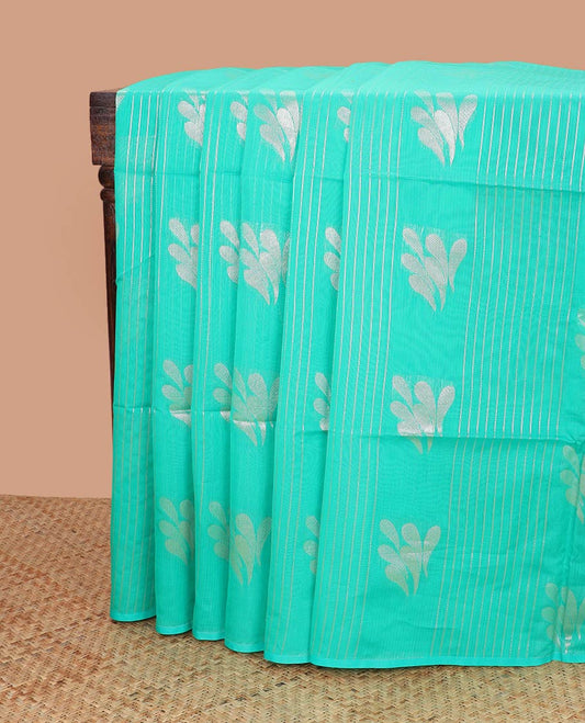 Green striped, floral design semi silk saree with jaal design pallu