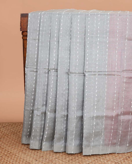 Borderless grey thread striped Mangalagiri cotton saree, contrast pallu woven with thread stripes